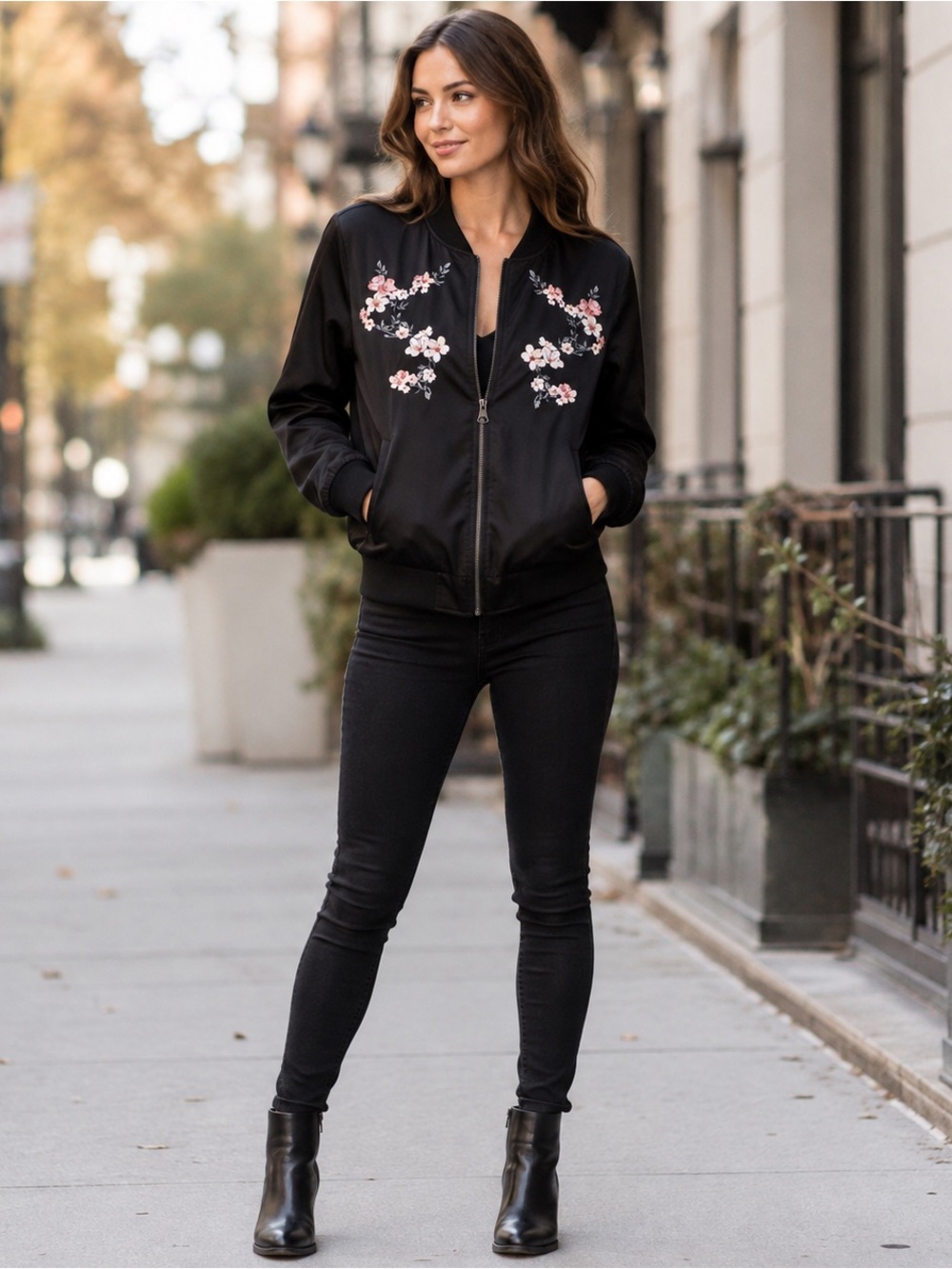 American Eagle Black Floralo Embroidered Bomber Jacket Size M